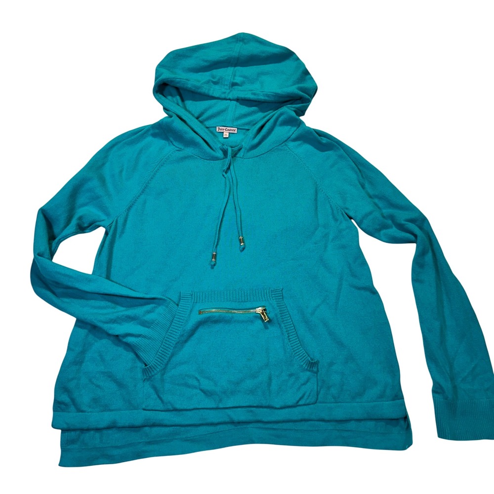 Juicy Couture Knit Hoodie Women XL Teal Blue‎ Y2K Gold Hardware Sweater